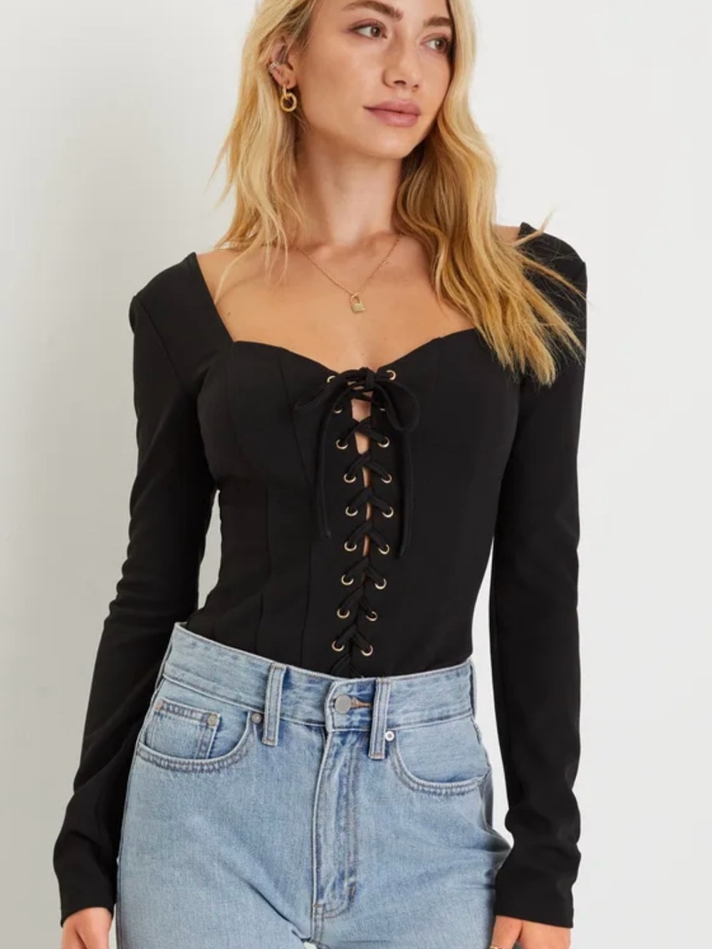 Lulus Captivating Energy Black Long Sleeve Lace-Up Corset Bodysuit
